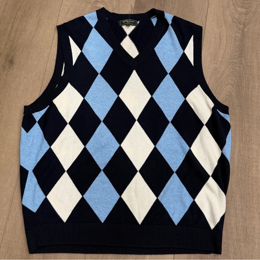 Bobby Jones‎ Blue Argyle Diamond Sweater Vest Men XL Cotton Cashmere Golf Preppy - Picture 2 of 7